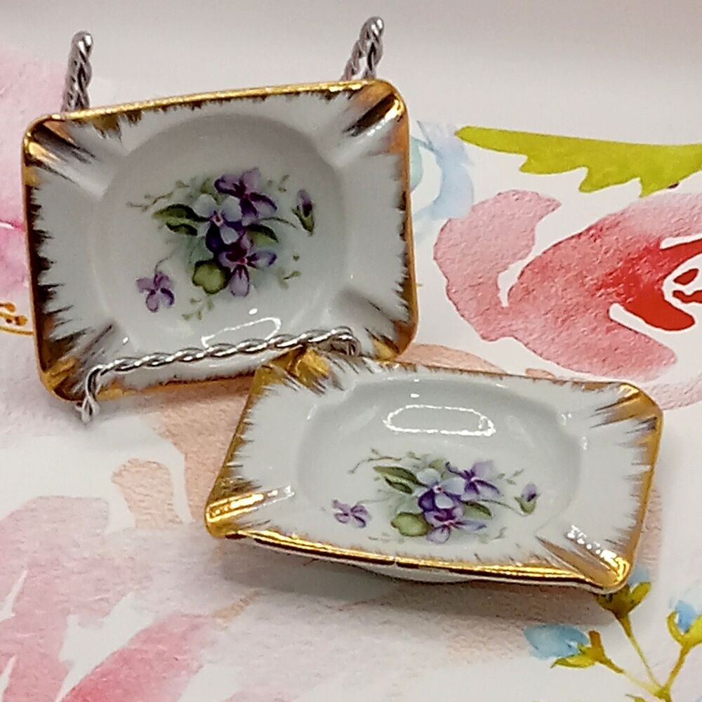 SHAFFORD Purple Violet Pansy FLORAL Gold Trim Individual ASHTRAYS Vtg Japan